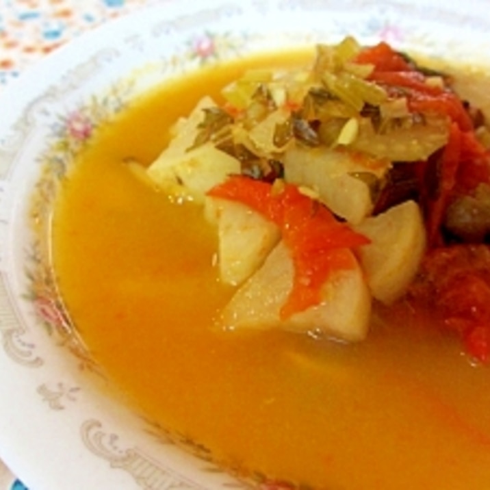カレー風味のトマト蒸し煮スープ(大根セロリしめじ)